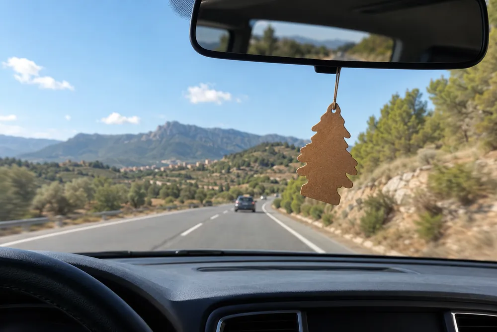 Ambientador de cartón colgado del retrovisor interior mientras se conduce.