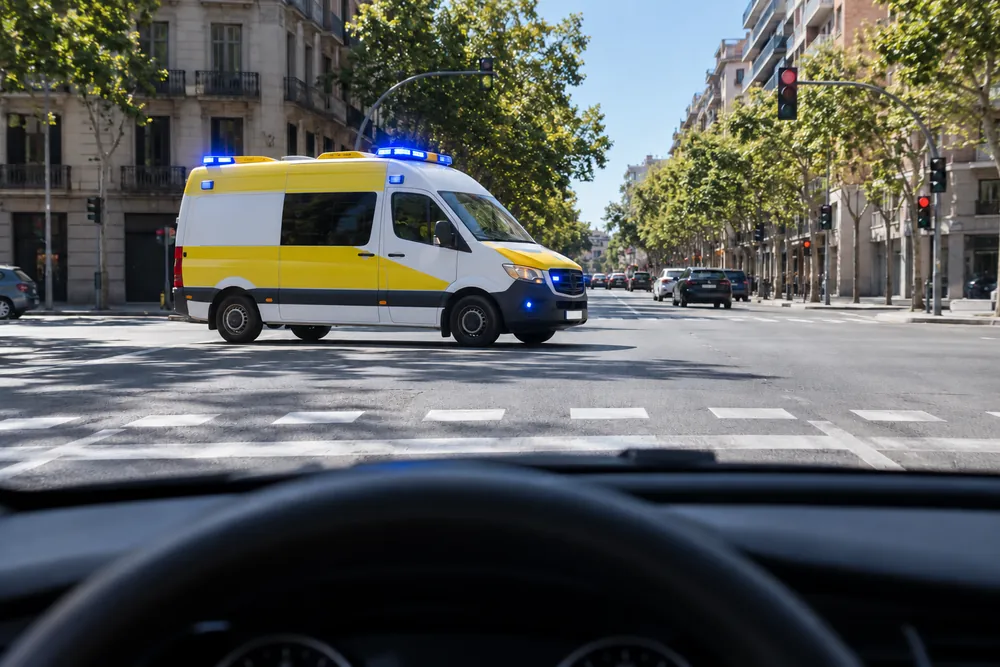 Ambulancia con los rotativos encendidos que llega a un cruce urbano por la vía transversal.