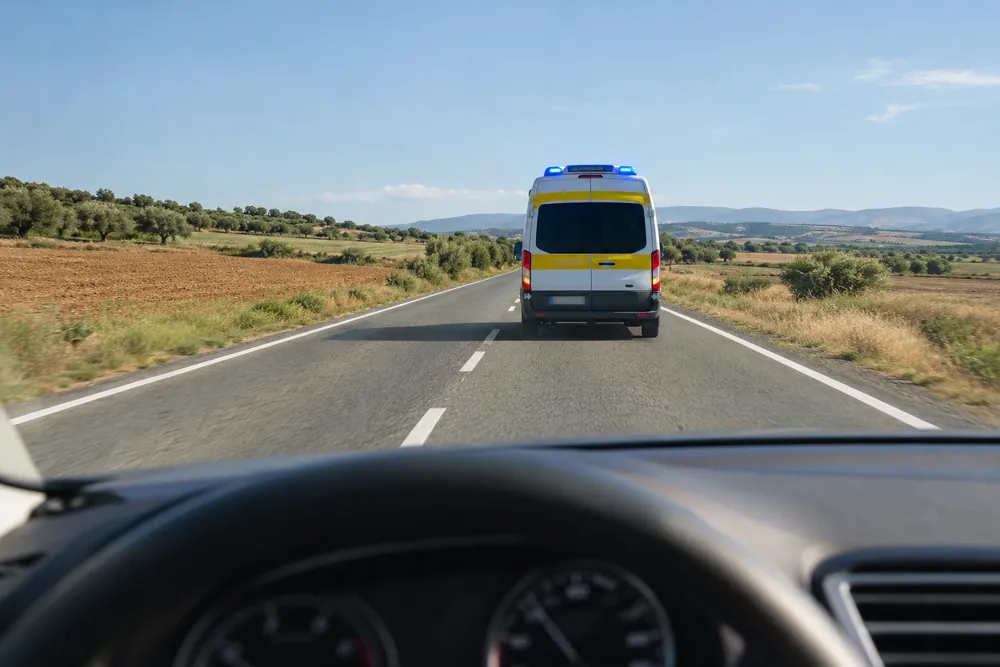 Ambulancia con los rotativos encendidos circulando despacio por delante en una carretera convencional.