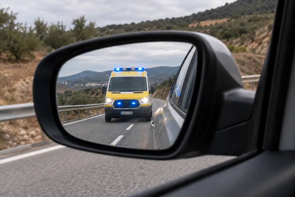 Ambulancia con los rotativos encendidos acercándose por detrás, vista en el retrovisor exterior.