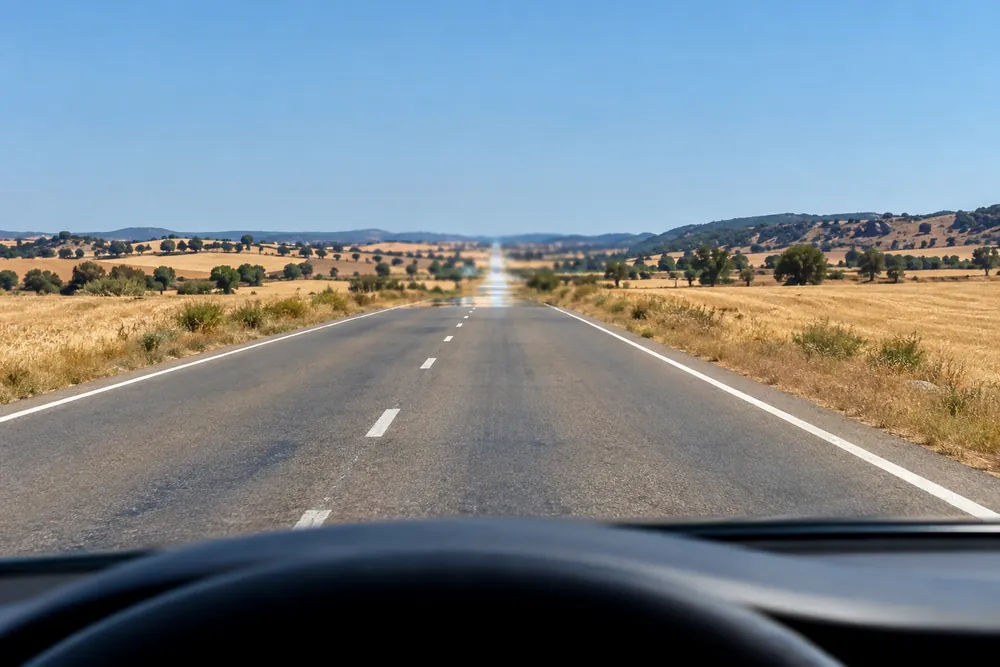 Carretera recta en pleno verano con el aire vibrando por el calor sobre el asfalto.