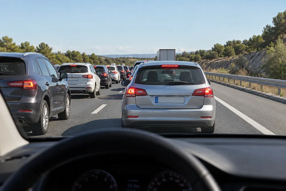 Retención en una autovía con el arcén derecho libre.
