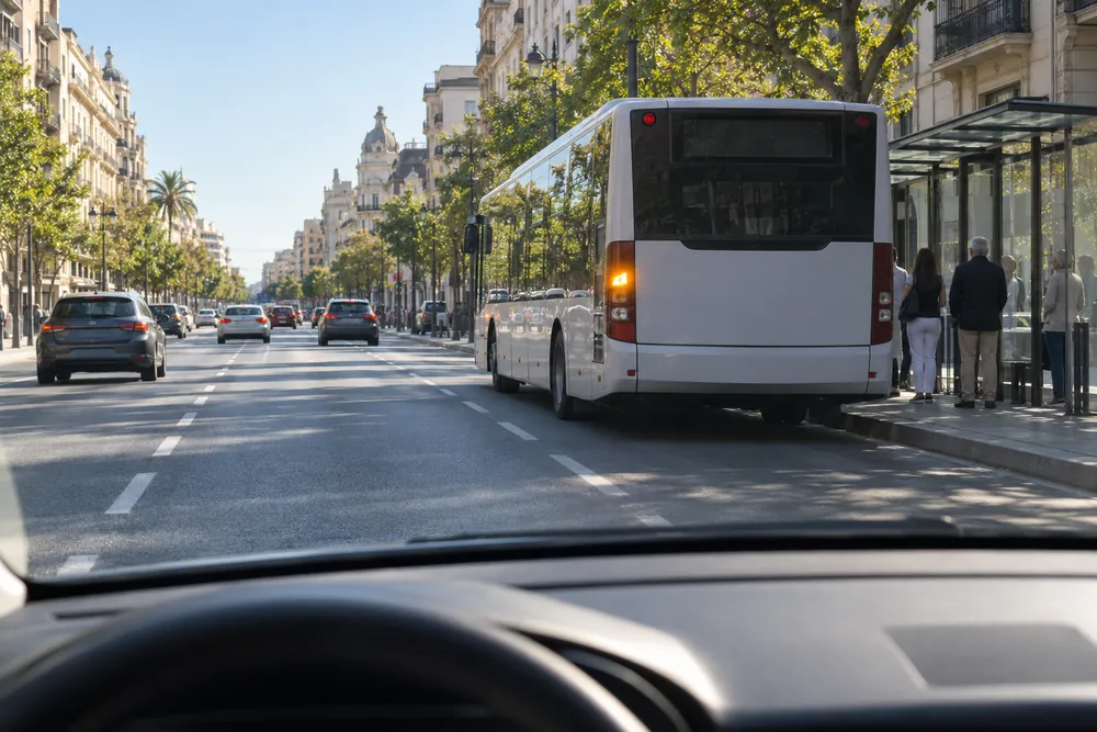 Autobús urbano junto a una parada con viajeros en la acera
