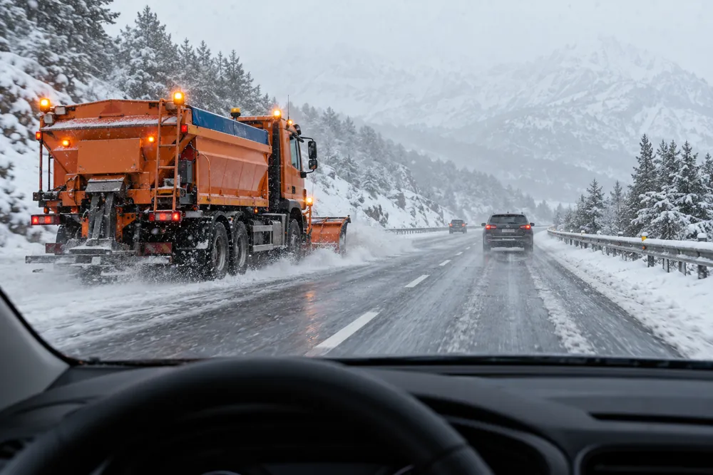 Autovía con nieve en la calzada y una máquina quitanieves trabajando por el carril izquierdo.