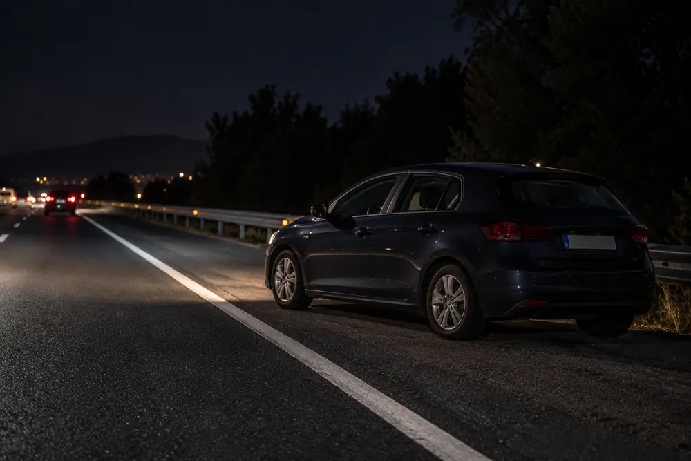 Turismo inmovilizado en el arcén de una carretera de noche.