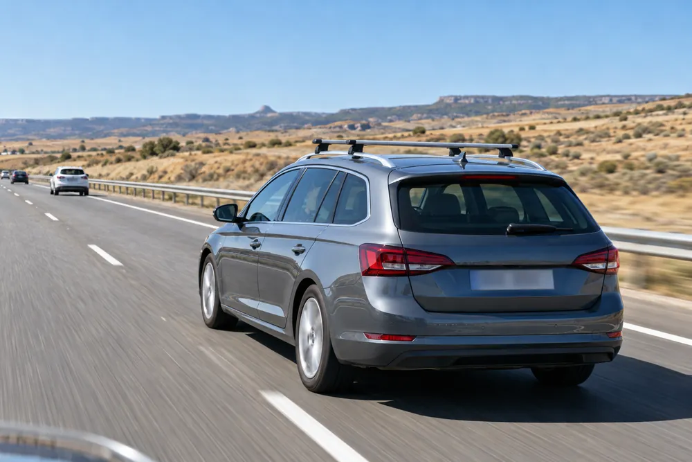 Turismo con las barras de la baca vacías circulando por una autovía.