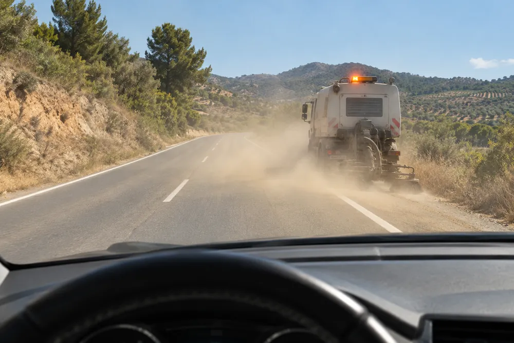 Barredora trabajando en el arcén y levantando una nube de polvo, vista desde el coche que se acerca.