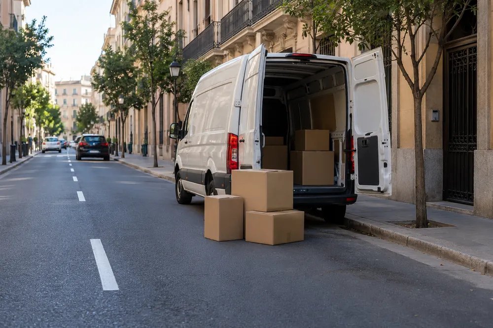 Cajas depositadas junto a una furgoneta obstaculizan parte de la calzada.
