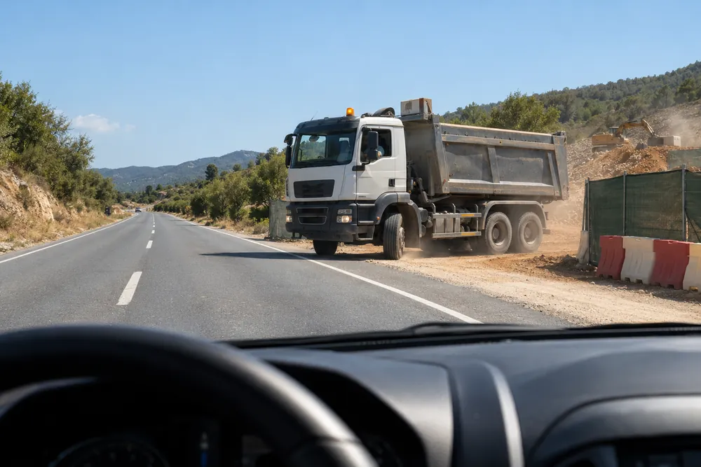 Camión saliendo de una zona de obras e invadiendo parte de la calzada.