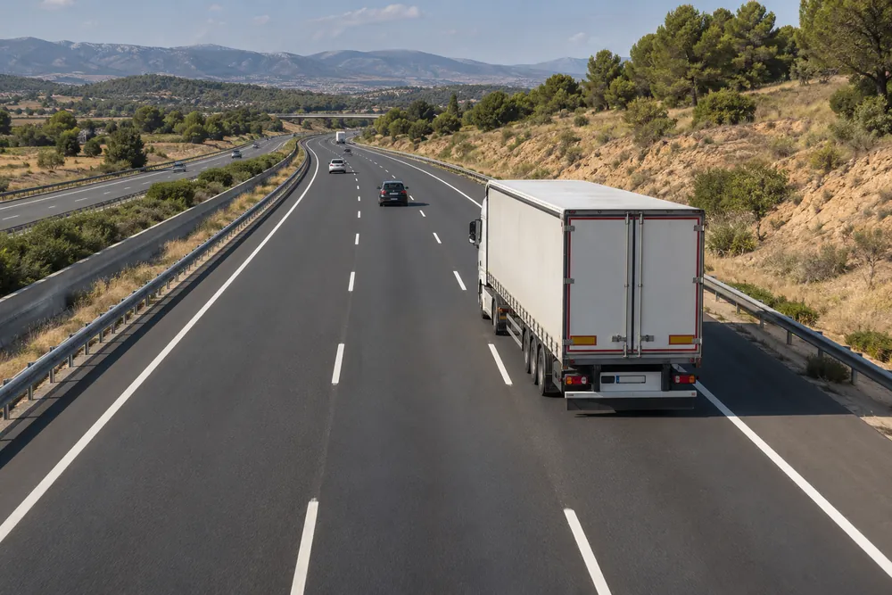 Camión circulando por el carril derecho de una autovía de tres carriles