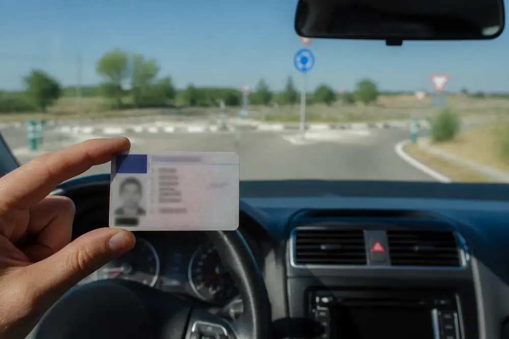 Permiso de conducción sostenido en la mano junto al volante