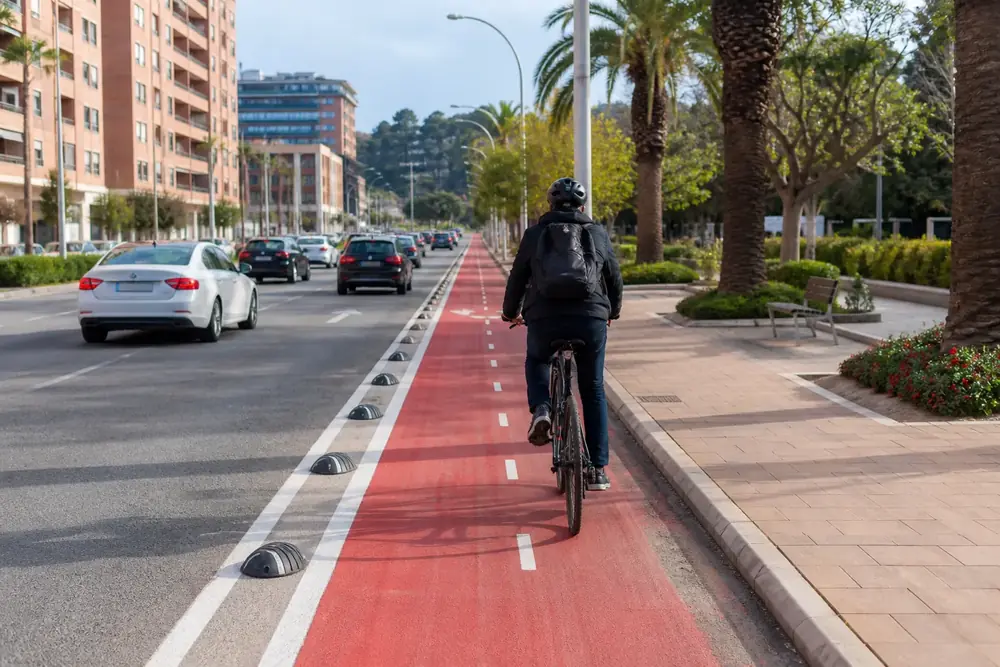 Carril bici señalizado junto a la calzada en una ciudad