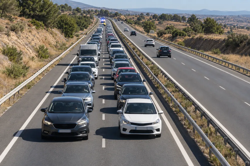 Autovía de dos carriles detenida por una retención, con una ambulancia acercándose por detrás.