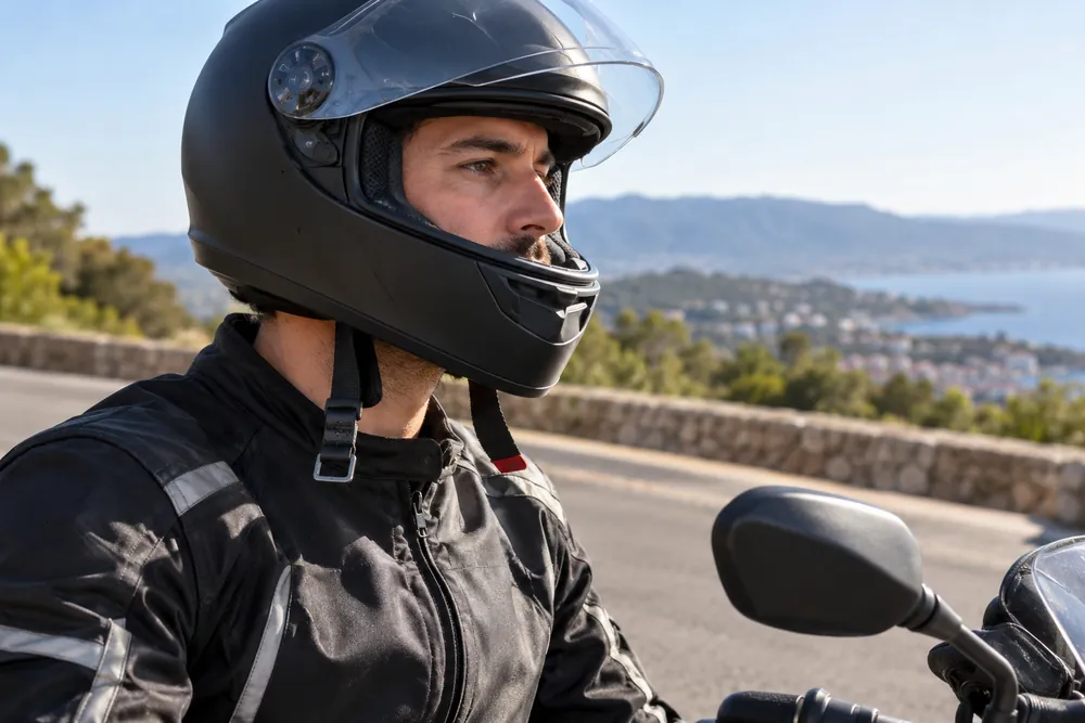 Casco integral con la correa de cierre desabrochada.