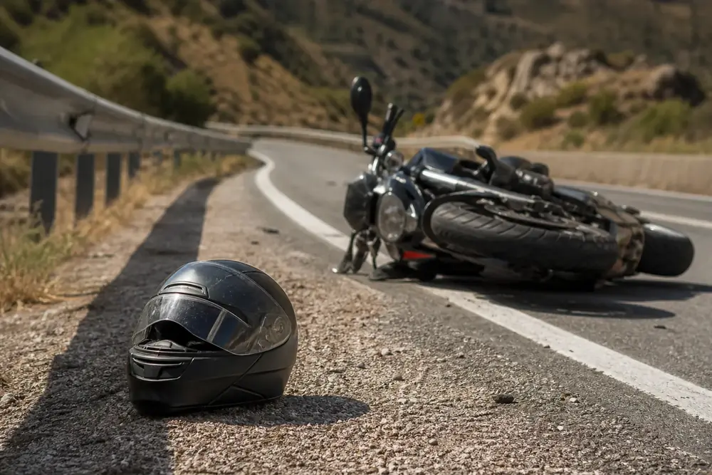 Casco de moto en el suelo junto a una motocicleta caída