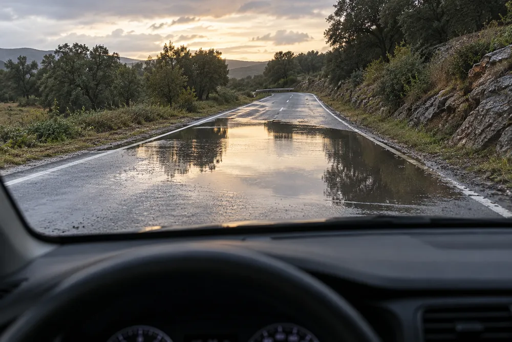 Charco extenso sobre el carril derecho de una carretera.