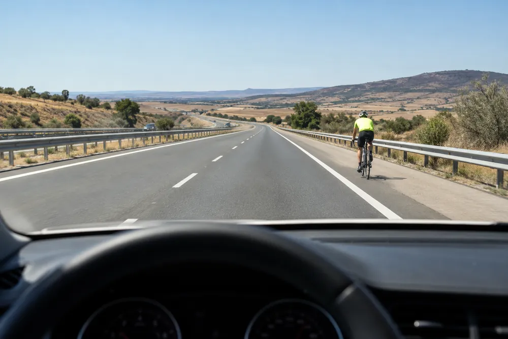 Ciclista circulando por el arcén de una autovía mientras los vehículos pasan por el carril derecho.