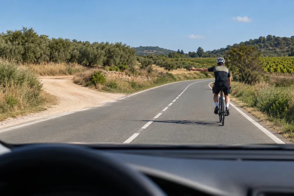 Ciclista que extiende el brazo izquierdo para indicar que va a girar, visto desde el coche de detrás.