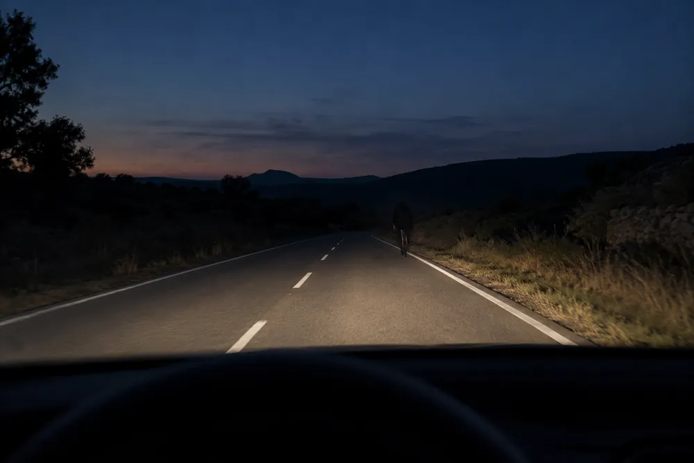 Ciclista sin luces ni prendas reflectantes apenas visible de noche en una carretera.