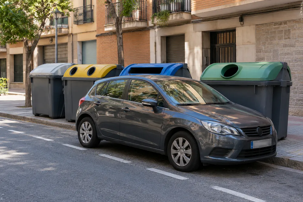 Turismo estacionado tapando el acceso a unos contenedores de basura y reciclaje.
