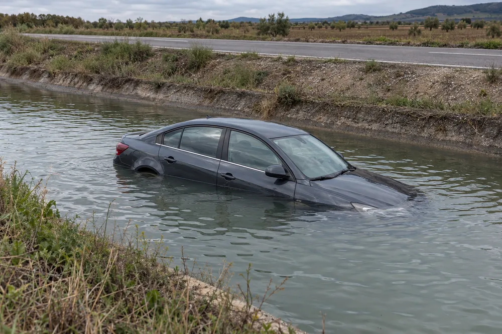 Turismo hundiéndose en un canal junto a una carretera, con el agua por la mitad de las puertas.
