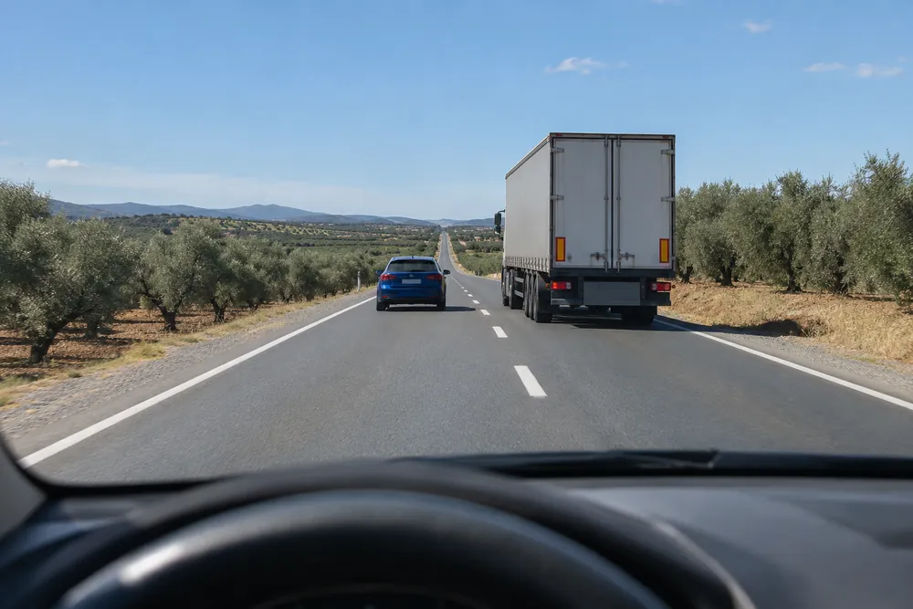 Turismo que va delante adelantando a un camión por el carril contrario de una carretera convencional.