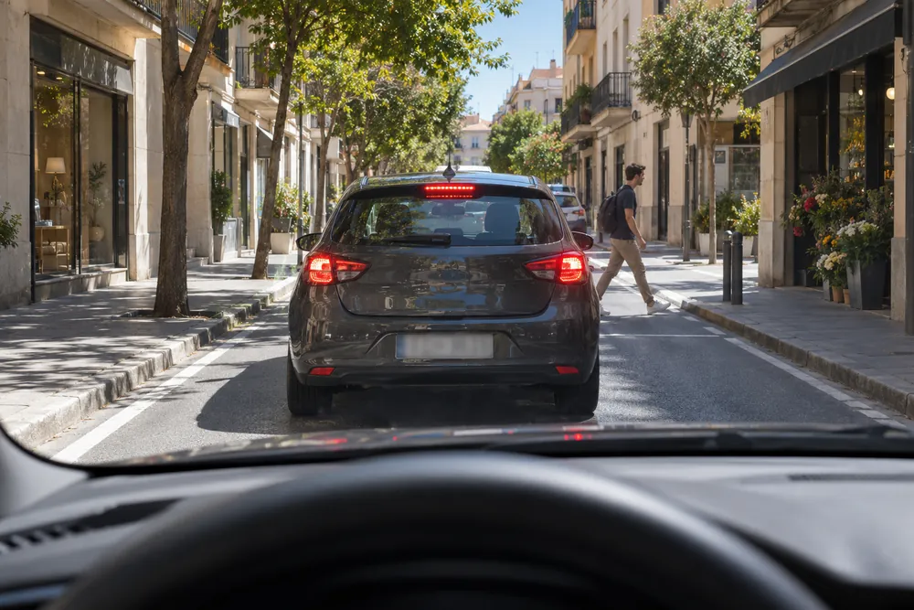 Turismo que frena delante ante un peatón que cruza, visto desde el coche de detrás en ciudad.