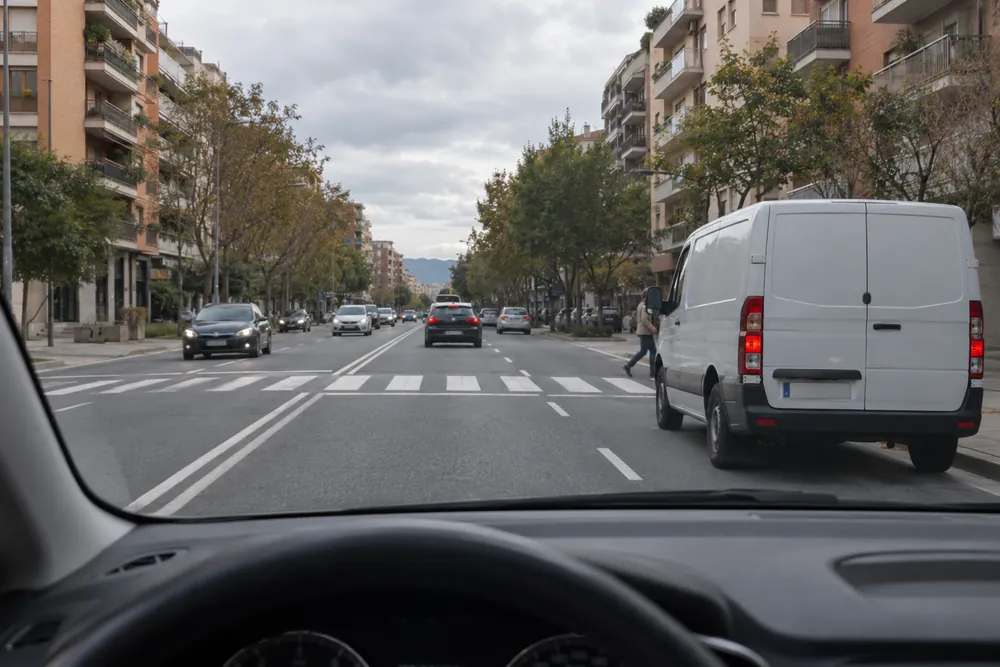 Coche detenido en el carril contiguo ante un paso de peatones, ocultando a quien cruza.