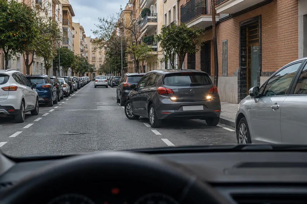 Turismo que da marcha atrás para estacionar delante del coche propio, con la luz de marcha atrás encendida.