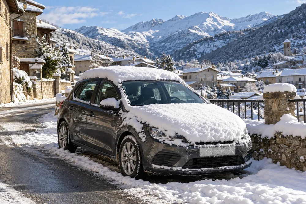 Turismo con una gruesa capa de nieve sobre el techo, aparcado en la calle.