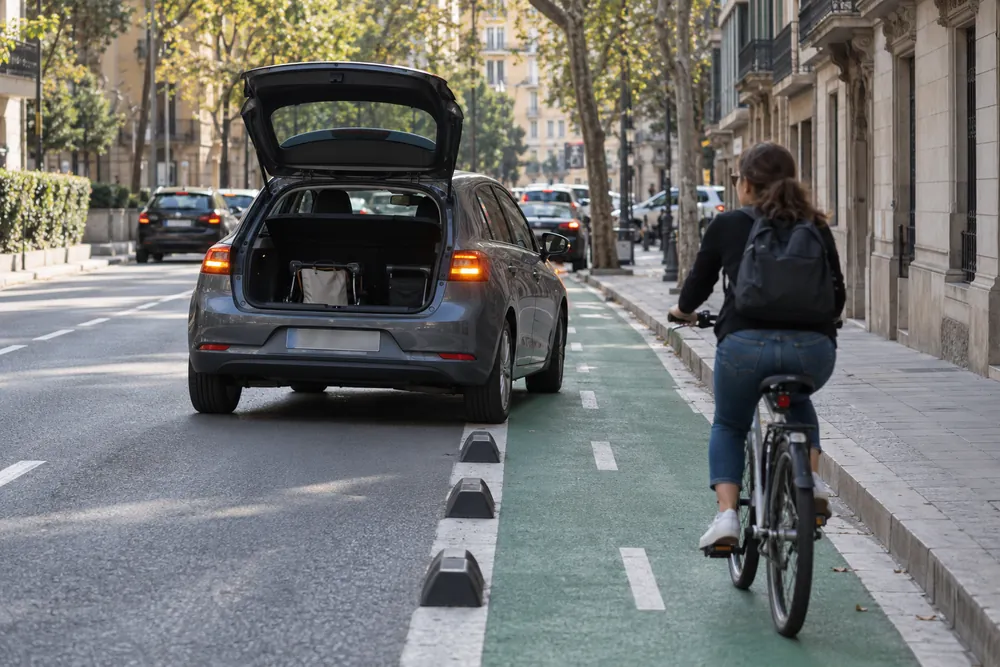 Turismo detenido sobre un carril bici con el maletero abierto.