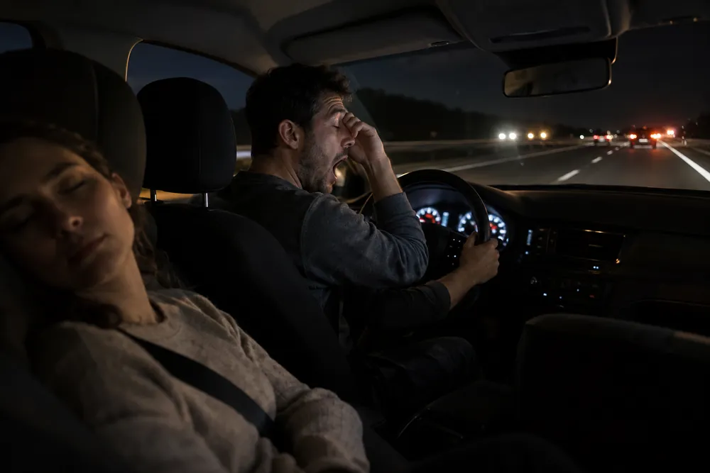 Conductor bostezando al volante de noche en una autovía.