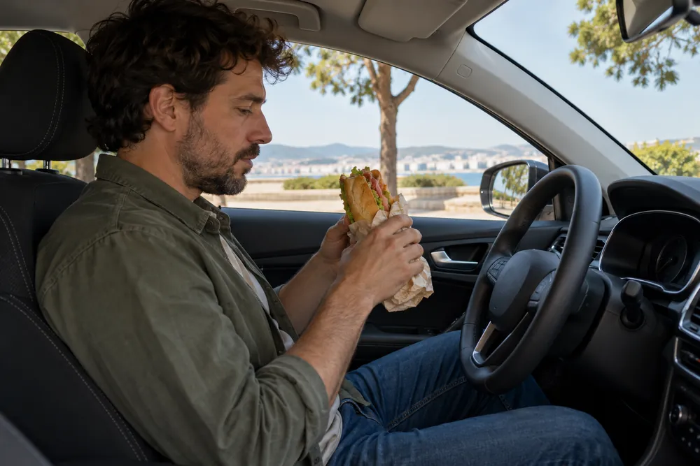 Conductor con ambas manos ocupadas sosteniendo un bocadillo frente al volante.
