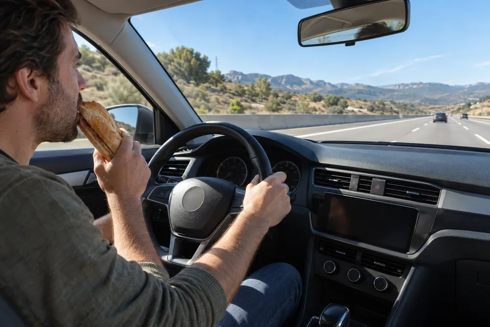 Conductor comiendo un bocadillo con una mano mientras circula por autovía.
