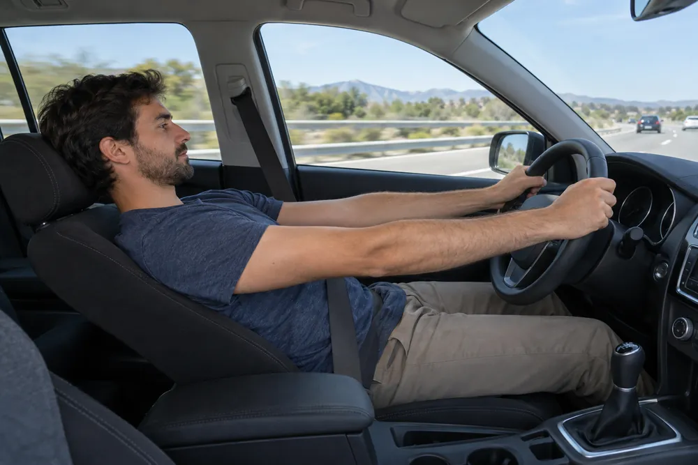 Conductor al volante con el respaldo del asiento muy reclinado hacia atrás.