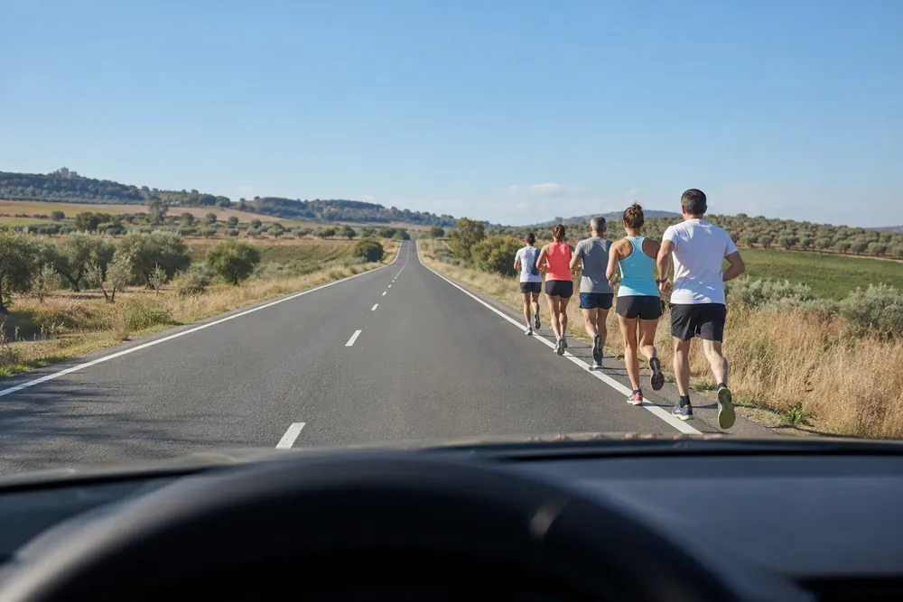 Grupo de corredores ocupando el arcén de una carretera convencional.