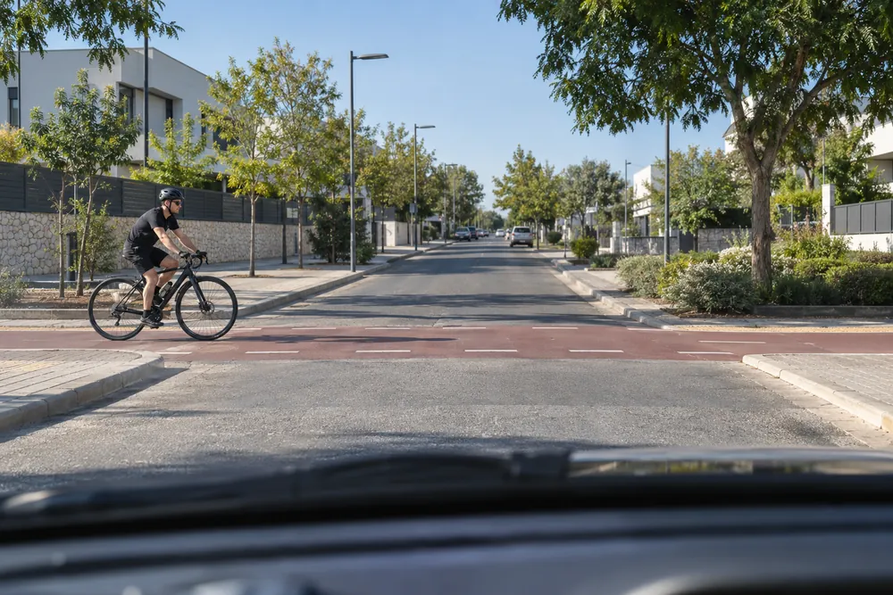 Bicicleta que llega por una vía ciclista transversal a la salida de una calle.