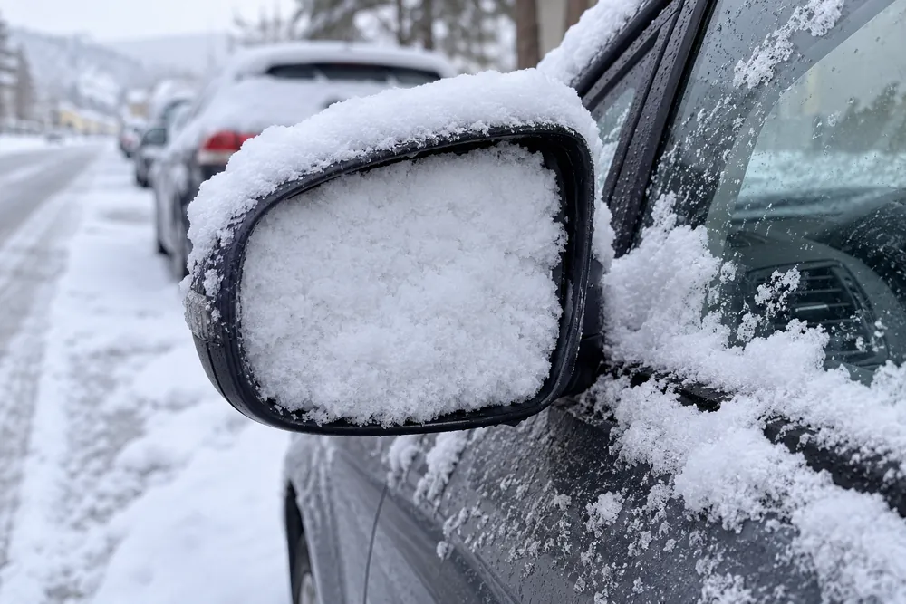 Espejo retrovisor exterior cubierto de nieve en un coche aparcado.