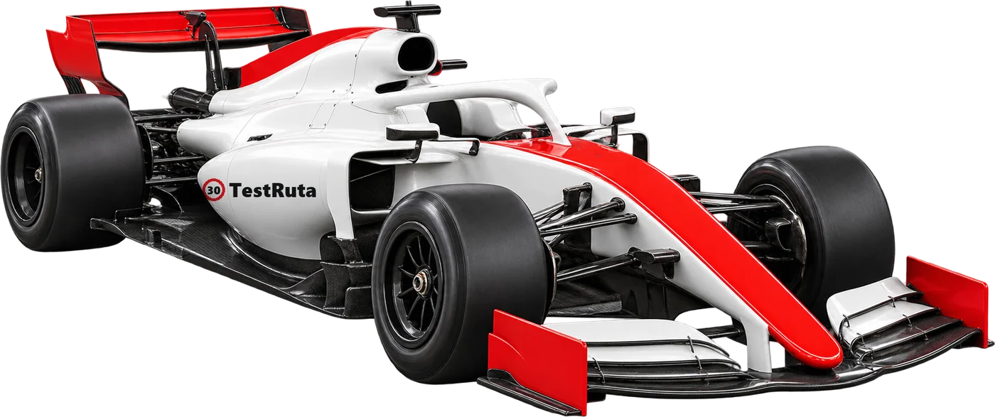F1 blanco y rojo rotulado con TestRuta y su disco 30