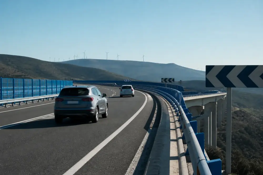 Autovía sobre un viaducto con paneles direccionales en la curva