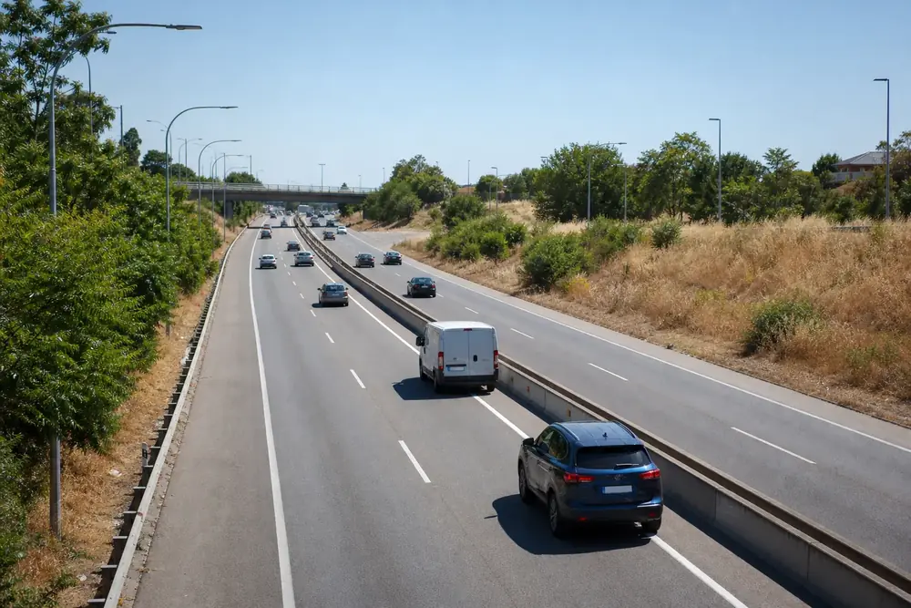 Autovía con tráfico vista desde un paso elevado