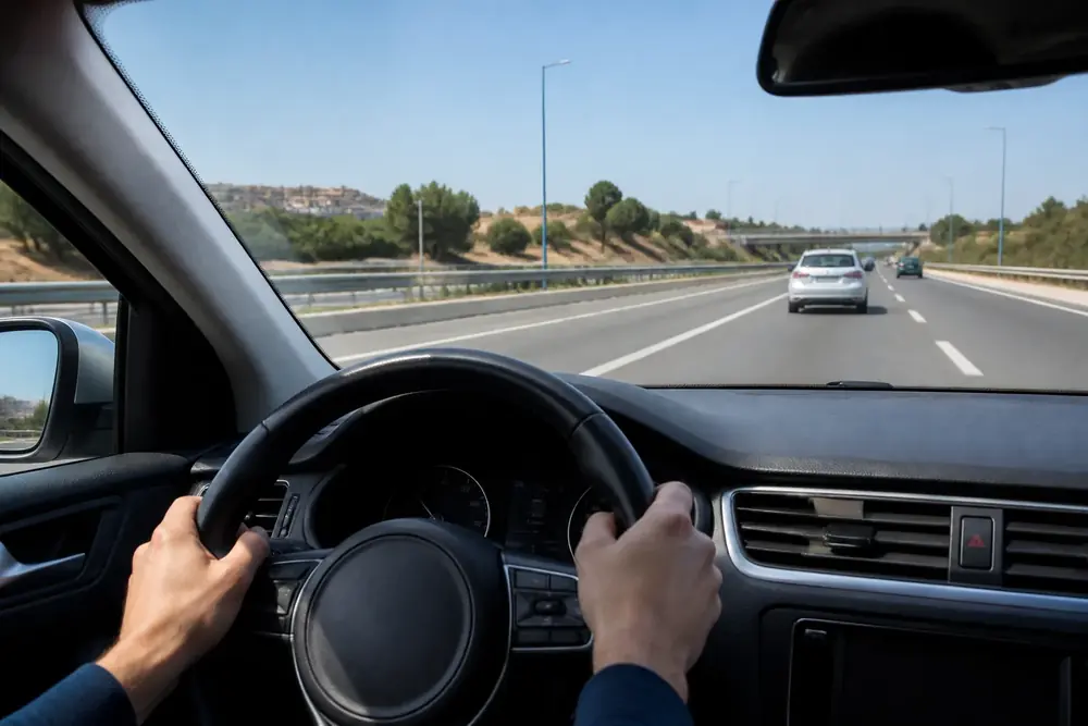 Manos sujetando el volante durante la marcha por autovía
