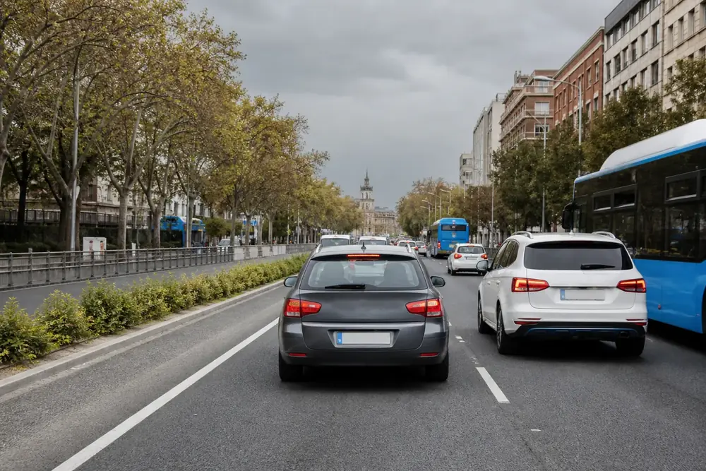 Avenida urbana con autobús urbano y tráfico en varios carriles