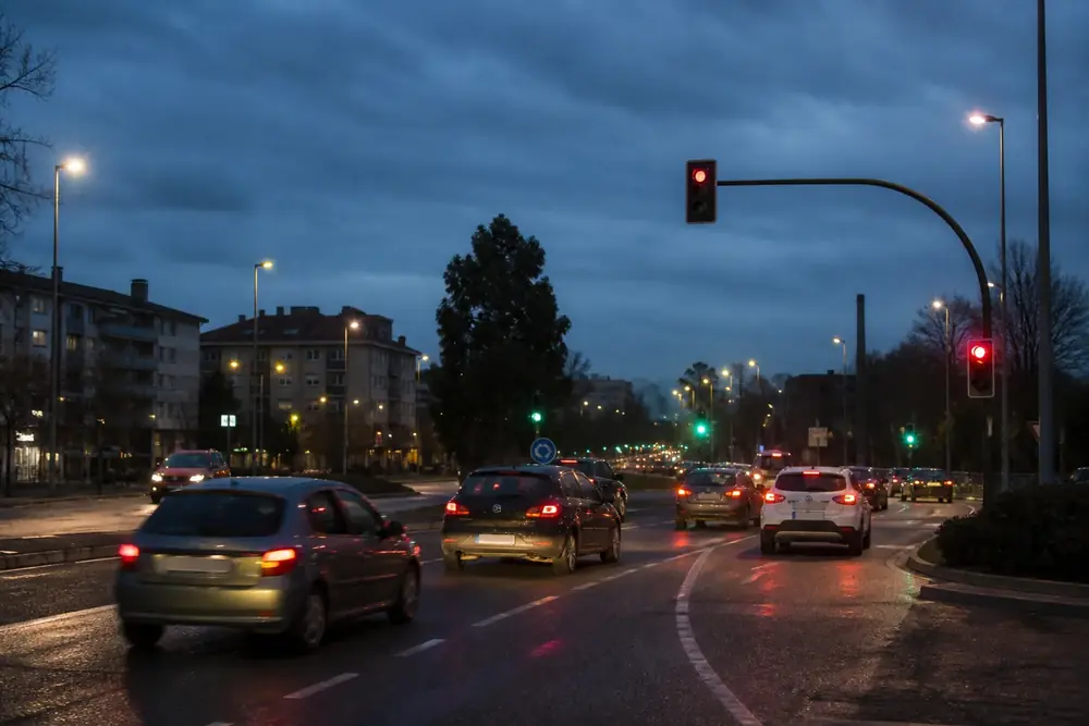 Avenida urbana de noche con semáforo en rojo y luces de freno encendidas