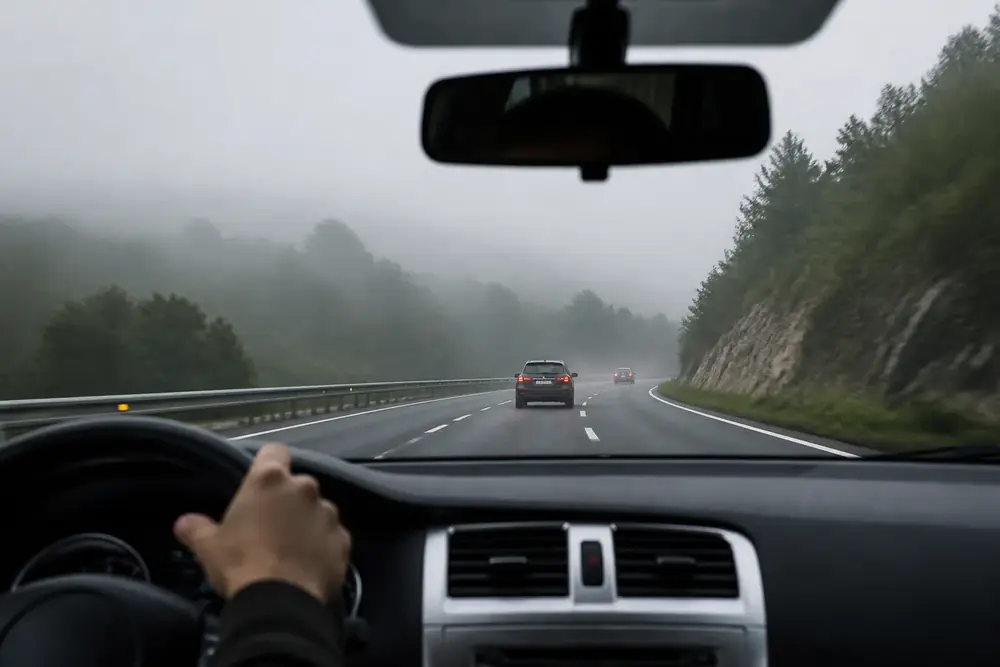 Conducción con niebla en autovía y visibilidad reducida