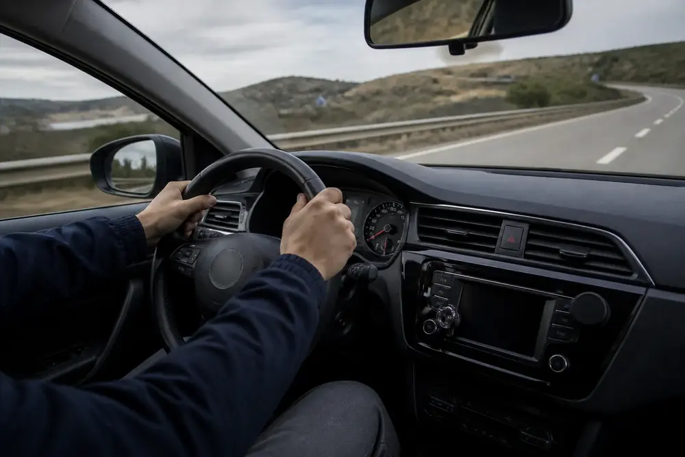 Manos sobre el volante con la carretera al frente