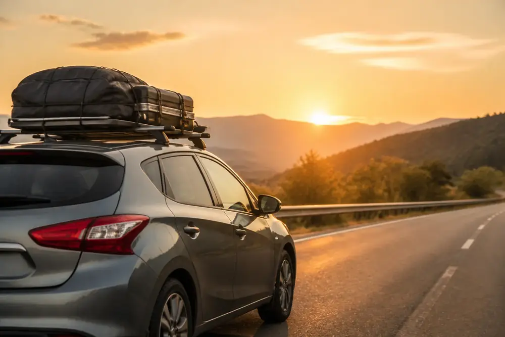 Turismo con equipaje sujeto en la baca al atardecer
