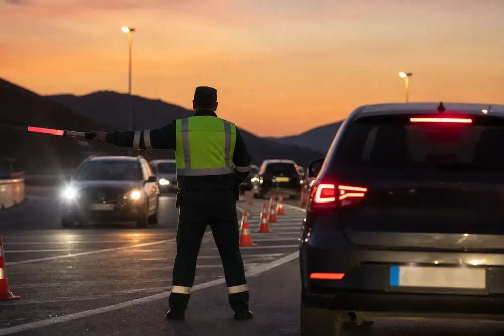 Control policial al atardecer con agente, conos y vehículos detenidos