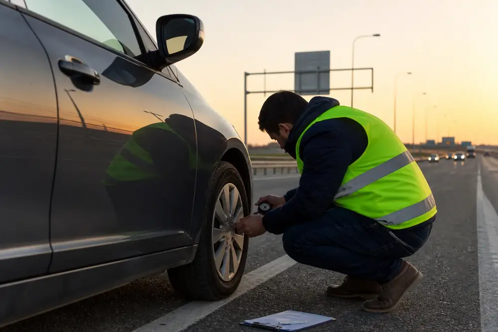 Conductor con chaleco agachado junto a la rueda en el arcén de una autovía