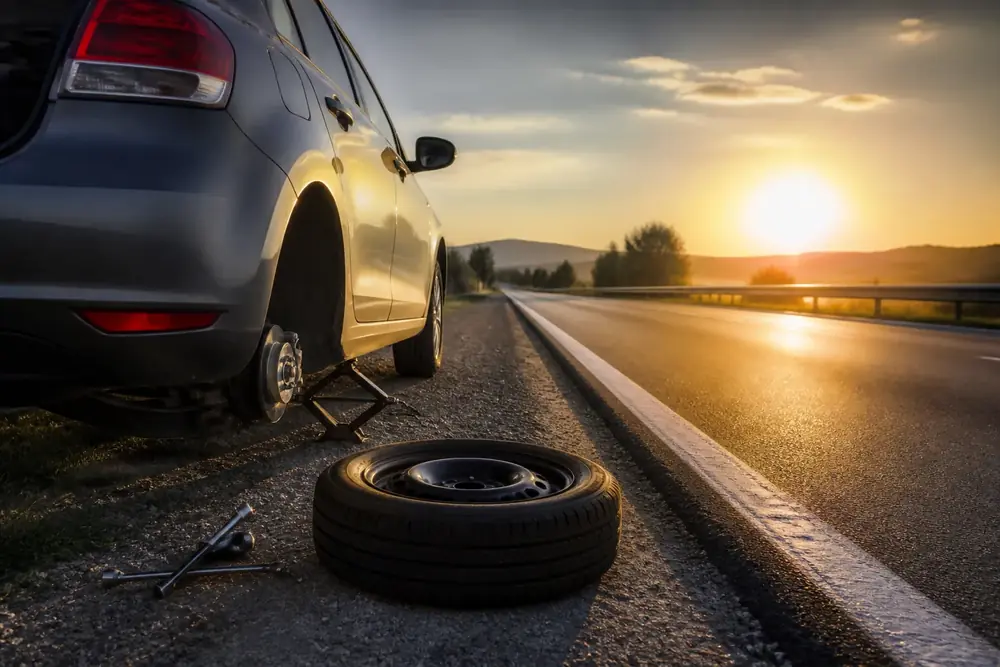 Rueda de repuesto y gato junto a un coche levantado en el arcén